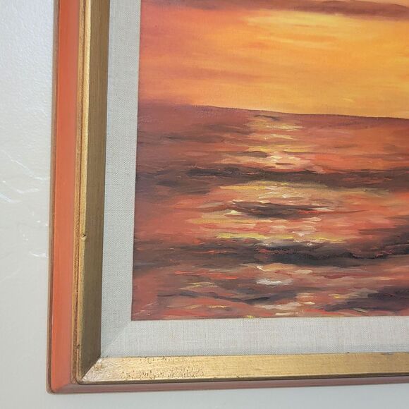 VTG 1973 Ocean Sunset Sea Landscape Oil Painting Frame 21 1/2" x 24 1/2" Red Sky - Picture 9 of 16